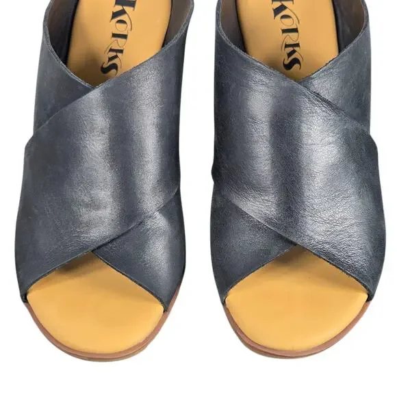 Korks Violetta Wedge Sandals Womens 7 Black Leather Criss Cross Comfy Vacation - Picture 6 of 11